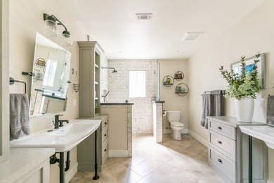 Country walk-in shower photo in Santa Barbara with a wall-mount sink