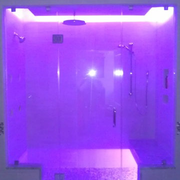 Frameless Glass Shower with Bench Seat and Custom Lighting
