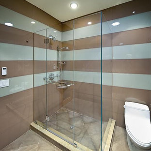 Inspiration for a large modern kids' multicolored tile slate floor corner shower remodel in New York with multicolored walls