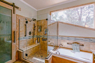 Mid-sized elegant master ceramic tile bathroom photo in Denver with beige walls and a hinged shower door
