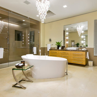 Inspiration for a contemporary freestanding bathtub remodel in San Francisco with a vessel sink