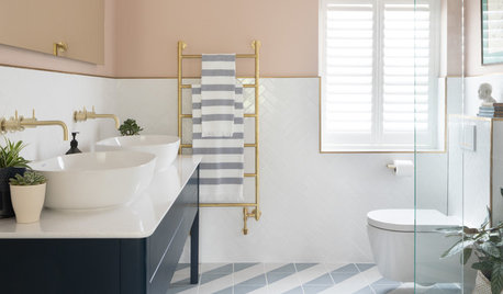 Room Tour: Simple Hues and Pattern are Key in this Airy Bathroom