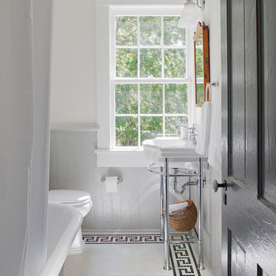 Inspiration for a small cottage 3/4 white floor and mosaic tile floor bathroom remodel in Other with white walls and a console sink