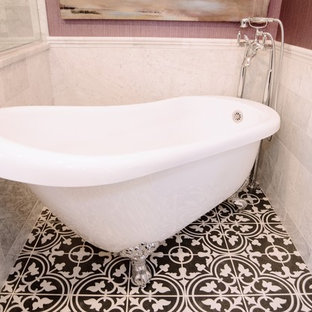Mid-sized asian kids' white tile and stone tile ceramic tile and black floor bathroom photo in DC Metro with recessed-panel cabinets, dark wood cabinets, a one-piece toilet, pink walls, a pedestal sink, granite countertops and white countertops