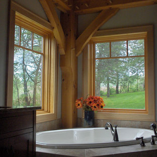 Bathroom - large craftsman master multicolored tile and ceramic tile ceramic tile bathroom idea in Chicago with a drop-in sink, flat-panel cabinets, dark wood cabinets, granite countertops, a two-piece toilet and multicolored walls