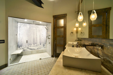 Bathroom - rustic master gray floor bathroom idea in Denver with beige walls and quartzite countertops