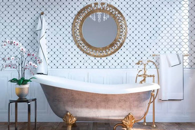 This is an example of a large bohemian ensuite bathroom in Los Angeles with a claw-foot bath, a two-piece toilet, white tiles, mosaic tiles, white walls, medium hardwood flooring and brown floors.