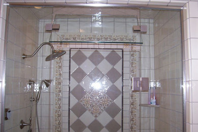Alcove shower - master white tile and glass tile alcove shower idea in Other with white walls