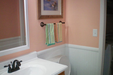 チャールストンにあるおしゃれな浴室 (ピンクの壁) の写真