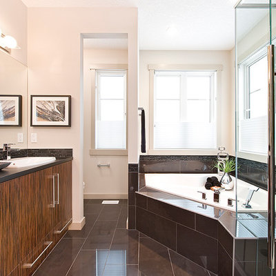 Example of a trendy corner bathtub design in Calgary
