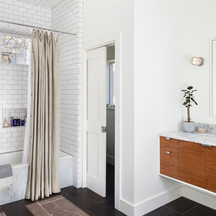 Bathroom - mid-sized scandinavian master white tile and subway tile ceramic tile and brown floor bathroom idea in Austin with flat-panel cabinets, medium tone wood cabinets, white walls, an undermount sink and quartz countertops