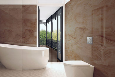 Example of a trendy bathroom design with a wall-mount toilet