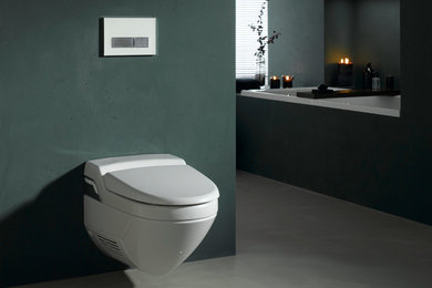 Cette photo montre une salle de bain principale moderne avec WC suspendus et un mur vert.