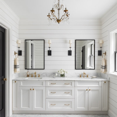 Bathroom - farmhouse master gray floor bathroom idea in Seattle with shaker cabinets, white cabinets, white walls, an undermount sink and gray countertops