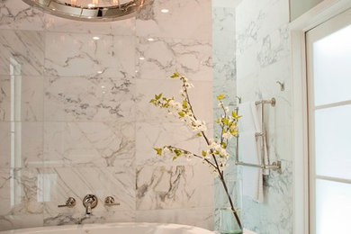 Bathroom - large modern master white tile and stone tile marble floor bathroom idea in Austin with an undermount sink, flat-panel cabinets, medium tone wood cabinets, marble countertops and gray walls