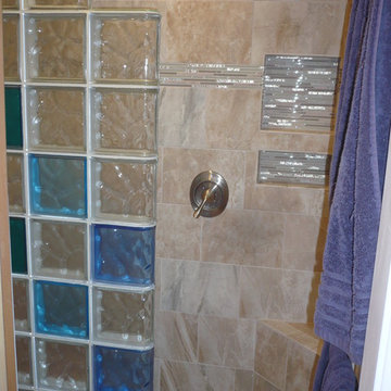 Glass block shower with colored blocks and recessed tile niche  Los Alamos New M