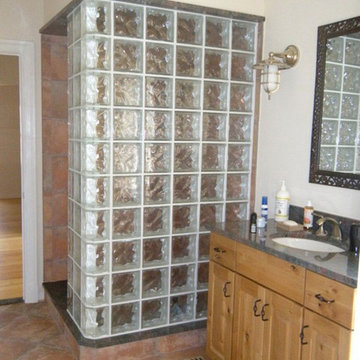 Glass Block Showers with Custom Cabinets and Vanity
