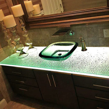 Glass counter in a luxury master bathroom for a vanity top