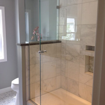 Glass Door Shower with White Tile Walls