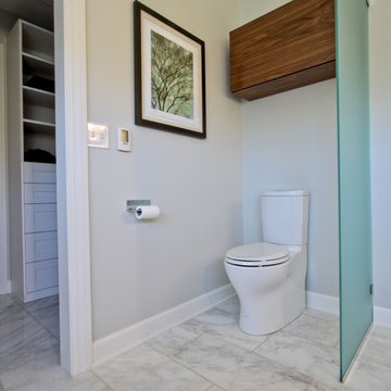 Glass Partition Toilet Area, With Walnut Storage Cabinet Over Toilet