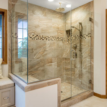 Glass Shower Doors with Tile and Rain Head