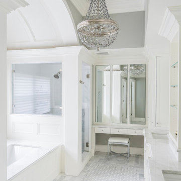 Glass shower, tub alcove, and make-up counter