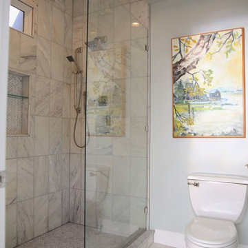 Glass Shower, White Toilet, Marble Floor