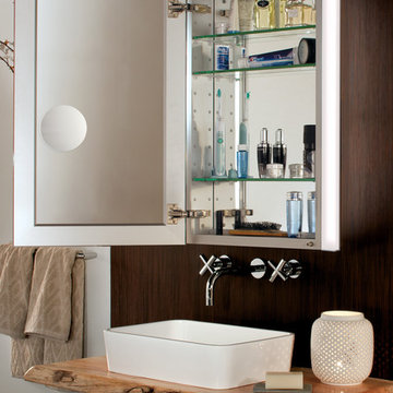 GlassCrafters' Frameless Mirrored Medicine Cabinet with Vertical LED Task Lights