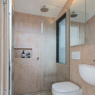 Small contemporary 3/4 bathroom in Sydney with an alcove shower, beige walls, a wall-mount sink, beige floor, an open shower, a niche and a single vanity.