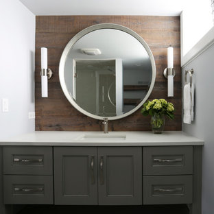 Mid-sized trendy kids' porcelain tile and gray tile porcelain tile, gray floor, single-sink and wood wall alcove shower photo in Chicago with gray cabinets, quartz countertops, furniture-like cabinets, a one-piece toilet, gray walls, an undermount sink, a hinged shower door, white countertops, a niche and a built-in vanity