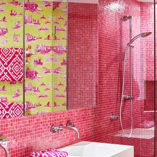 Contemporary bathroom in Brisbane with pink tile, mosaic tile, an integrated sink, white benchtops and a double vanity.