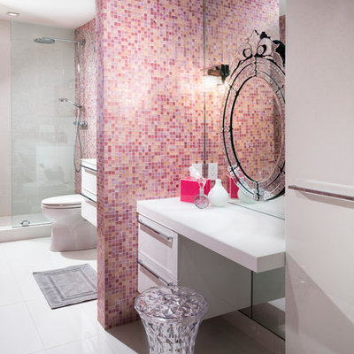 Bathroom - large transitional pink tile and mosaic tile bathroom idea in Miami with flat-panel cabinets and white cabinets