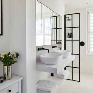 Medium sized contemporary shower room bathroom in London with open cabinets, white cabinets, a walk-in shower, beige tiles, porcelain tiles, white walls, porcelain flooring, a vessel sink, beige floors and white worktops.