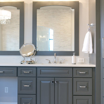 Gray and White Master Bath with Stacked Stone Accent Wall