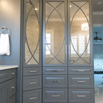 Gray and White Master Bath with Stacked Stone Accent Wall