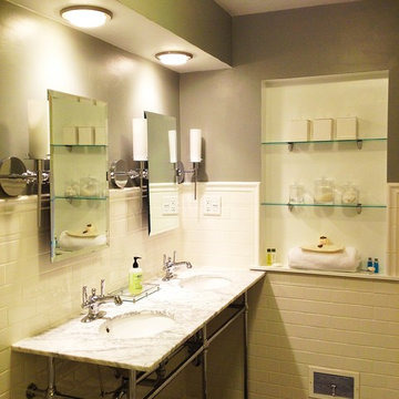 Gray And White Traditional Bathroom With Carrara Marble Counter And Subway Tile