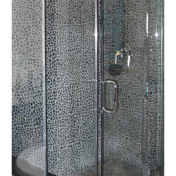 Gray Black Pebble Tile Shower Wall