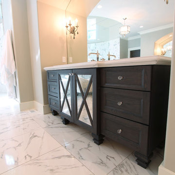 Gray Hickory Stained Cabinets with Crystal Knobs and Mirror Inserts