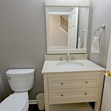 Gray Powder Room with White Vanity and Crystal Palace Quartz Countertop