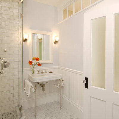 Inspiration for a timeless subway tile bathroom remodel in Boston with a console sink