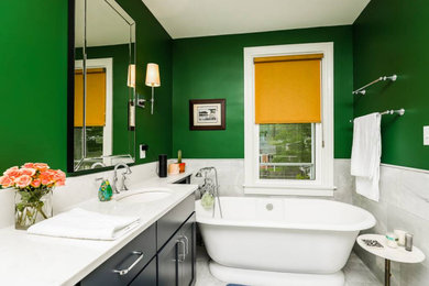 Example of a mid-sized classic master white tile and porcelain tile porcelain tile, white floor and double-sink bathroom design in Richmond with shaker cabinets, blue cabinets, green walls, a drop-in sink, quartzite countertops, white countertops and a built-in vanity