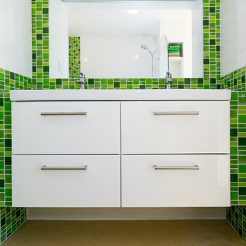 Green glass mosaic tile bathroom