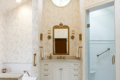Corner shower - traditional master white tile and ceramic tile ceramic tile and gray floor corner shower idea in Nashville with beaded inset cabinets, beige cabinets, an undermount tub, a two-piece toilet, an undermount sink, marble countertops and a hinged shower door