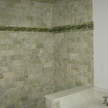 Green marble subway tile shower
