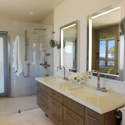 Bathroom - mid-sized contemporary master gray tile and glass tile limestone floor bathroom idea in San Francisco with an undermount sink, quartz countertops, beige walls, flat-panel cabinets and dark wood cabinets