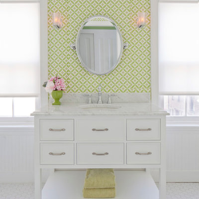 Elegant pebble tile floor bathroom photo in Philadelphia with an undermount sink, furniture-like cabinets, white cabinets and green walls