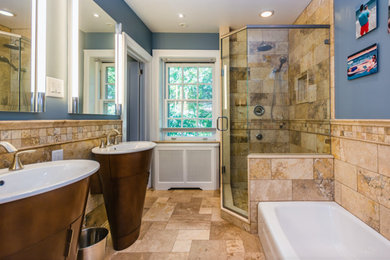 Mid-sized transitional master bathroom photo in Philadelphia with open cabinets, white cabinets, a two-piece toilet, blue walls, an integrated sink and quartz countertops