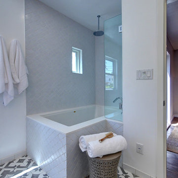 grey and white modern bathroom designed with clé's "casablanca cafe" cement tile