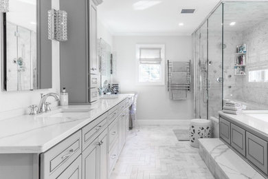 Large contemporary ensuite bathroom in Richmond with raised-panel cabinets, grey cabinets, a submerged bath, a corner shower, white tiles, marble tiles, grey walls, marble flooring, a submerged sink, marble worktops, white floors and a hinged door.