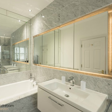 Grey Marble Luxury En Suite with Bespoke Illuminating Recess featuring Mirrors